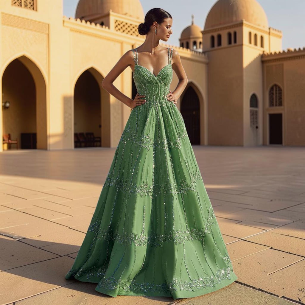 Luxury Dubai Style Green Beaded Evening Gown with Spaghetti Straps YL136
