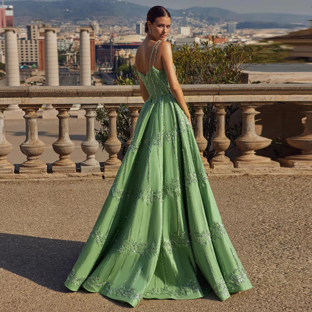 Luxury Dubai Style Green Beaded Evening Gown with Spaghetti Straps YL136