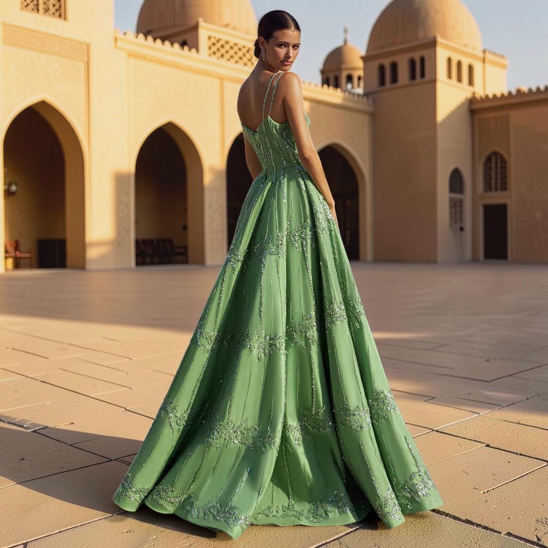 Luxury Dubai Style Green Beaded Evening Gown with Spaghetti Straps YL136
