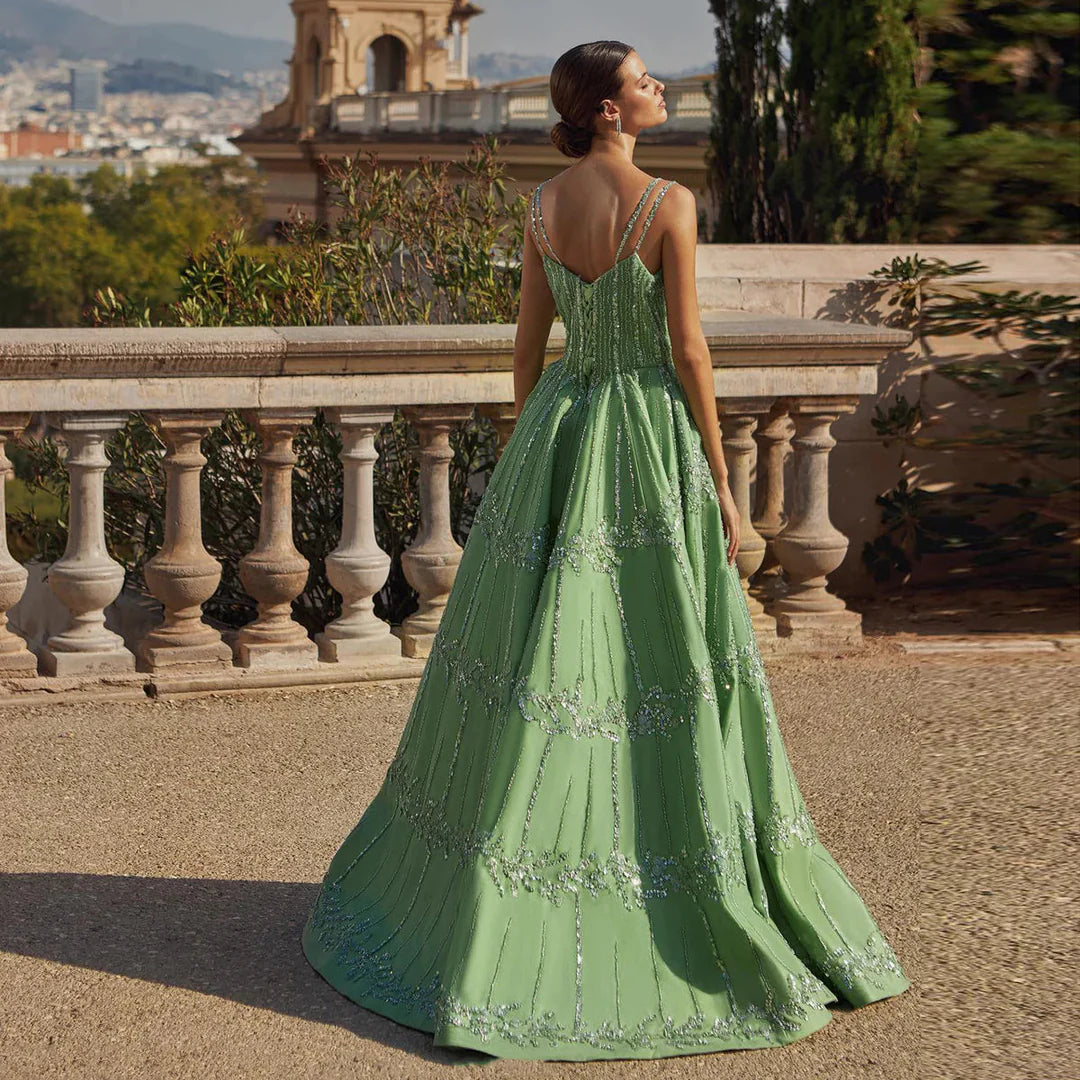 Luxury Dubai Style Green Beaded Evening Gown with Spaghetti Straps YL136