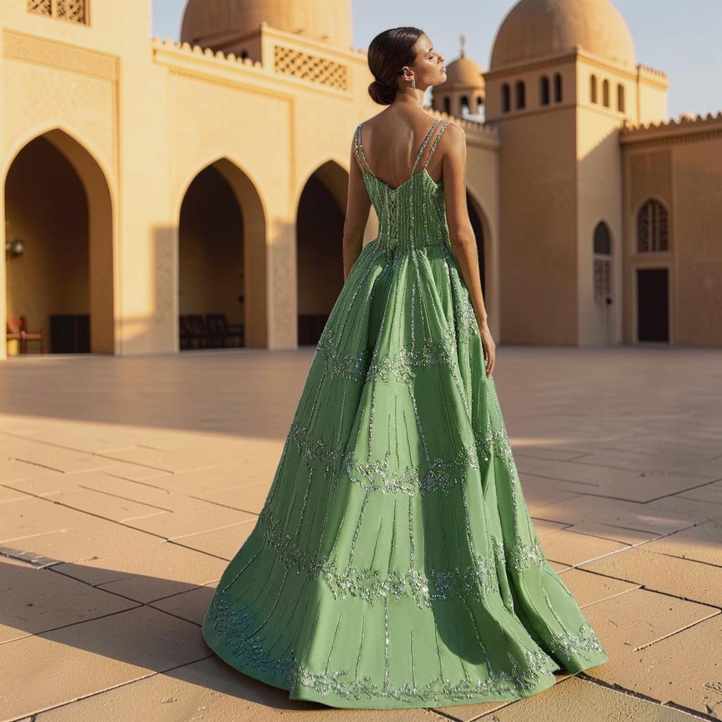 Luxury Dubai Style Green Beaded Evening Gown with Spaghetti Straps YL136