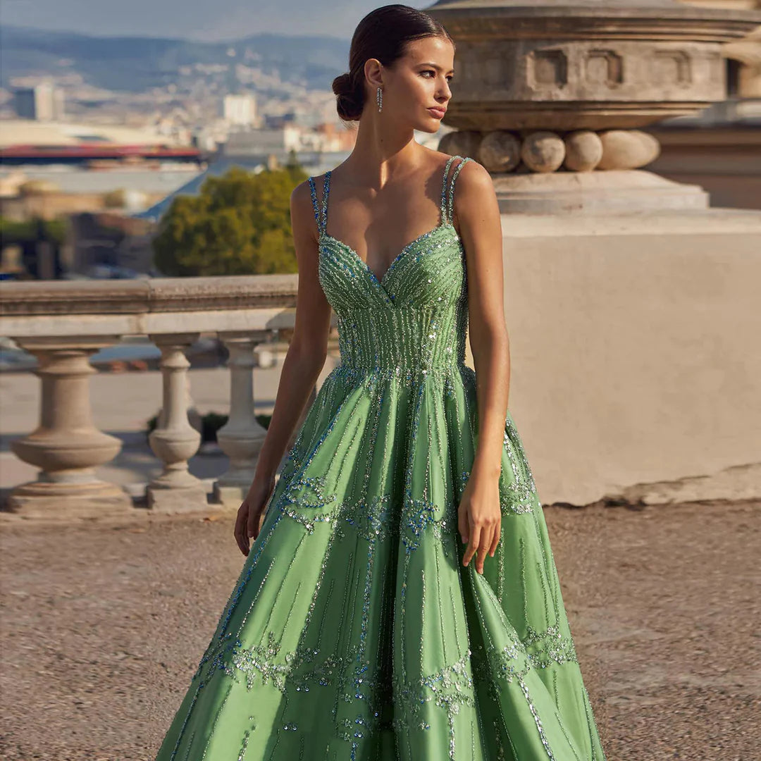 Luxury Dubai Style Green Beaded Evening Gown with Spaghetti Straps YL136
