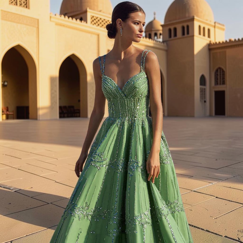 Luxury Dubai Style Green Beaded Evening Gown with Spaghetti Straps YL136