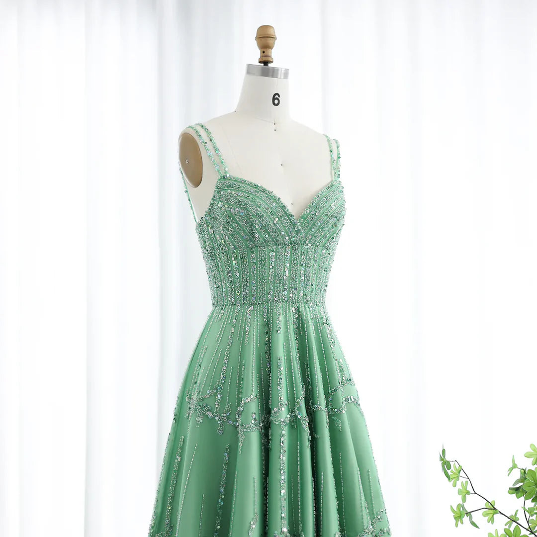 Luxury Dubai Style Green Beaded Evening Gown with Spaghetti Straps YL136