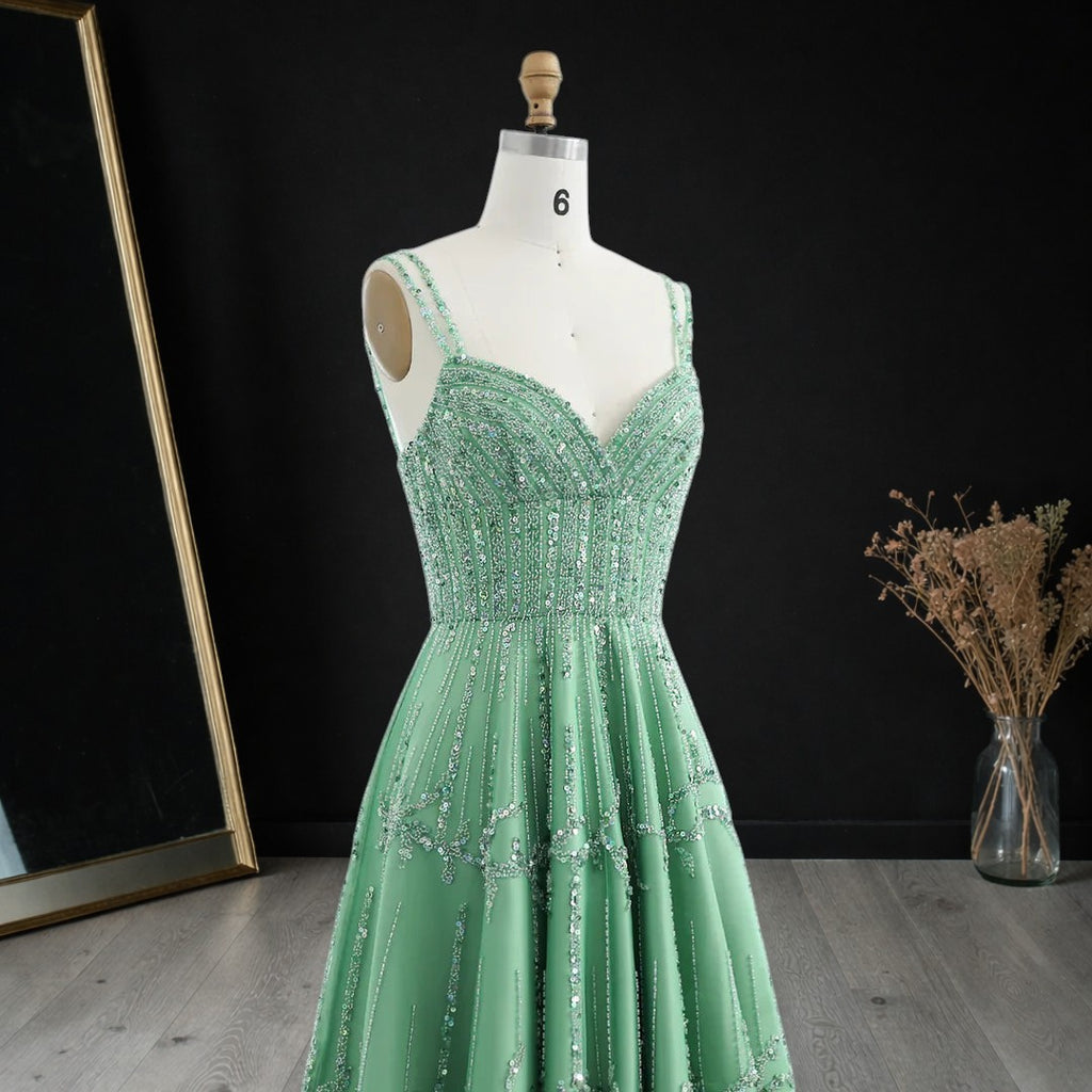 Luxury Dubai Style Green Beaded Evening Gown with Spaghetti Straps YL136
