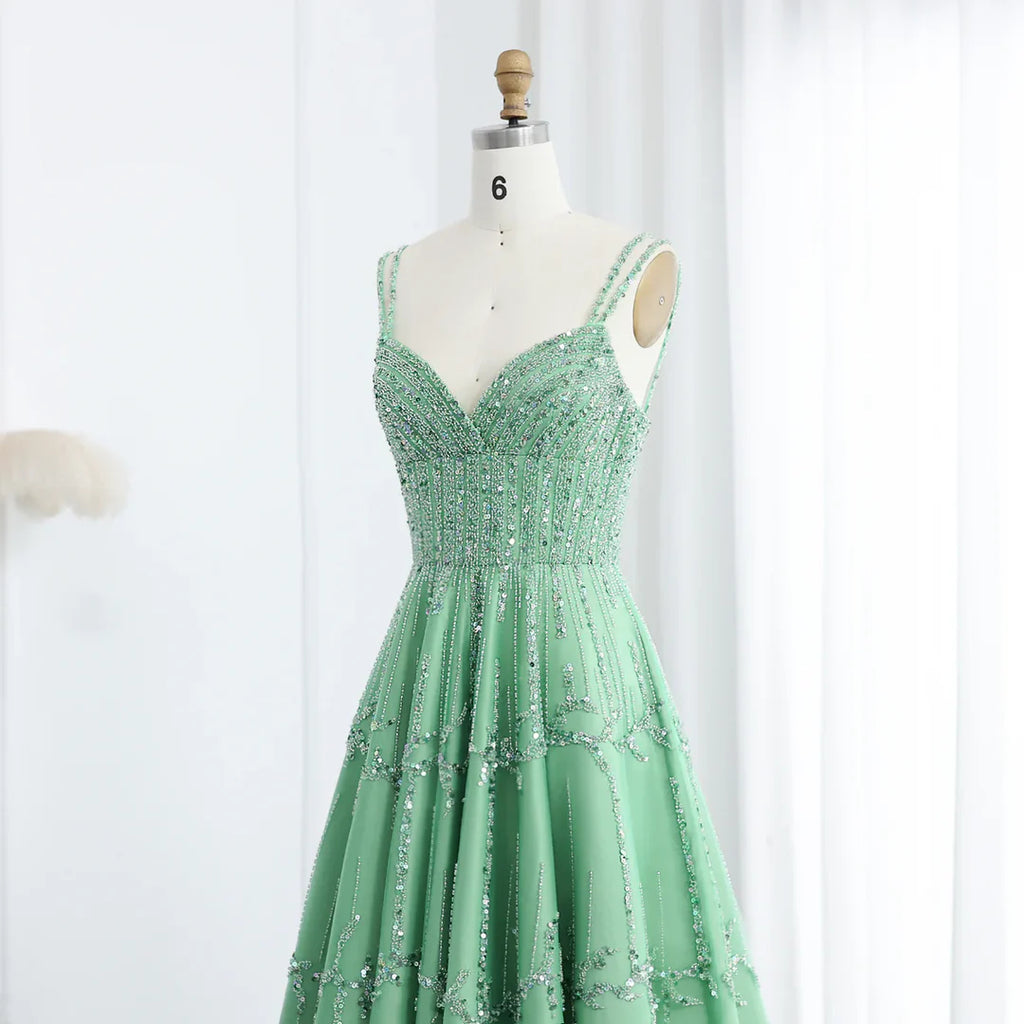 Luxury Dubai Style Green Beaded Evening Gown with Spaghetti Straps YL136