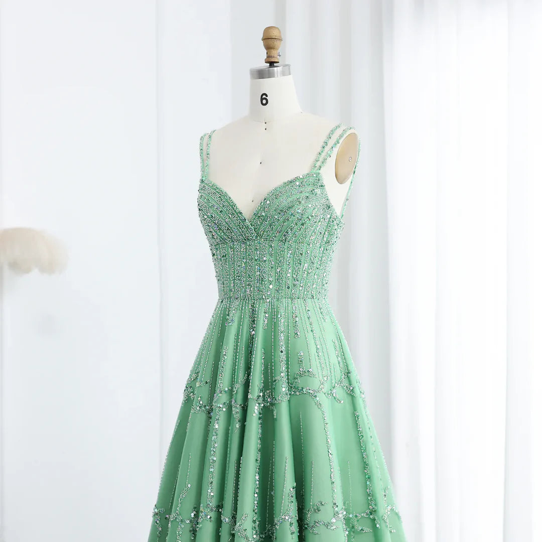 Luxury Dubai Style Green Beaded Evening Gown with Spaghetti Straps YL136