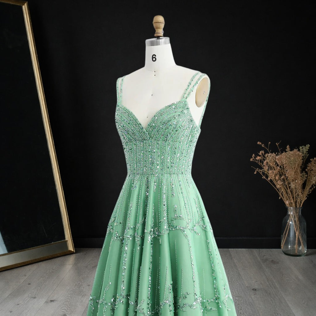 Luxury Dubai Style Green Beaded Evening Gown with Spaghetti Straps YL136