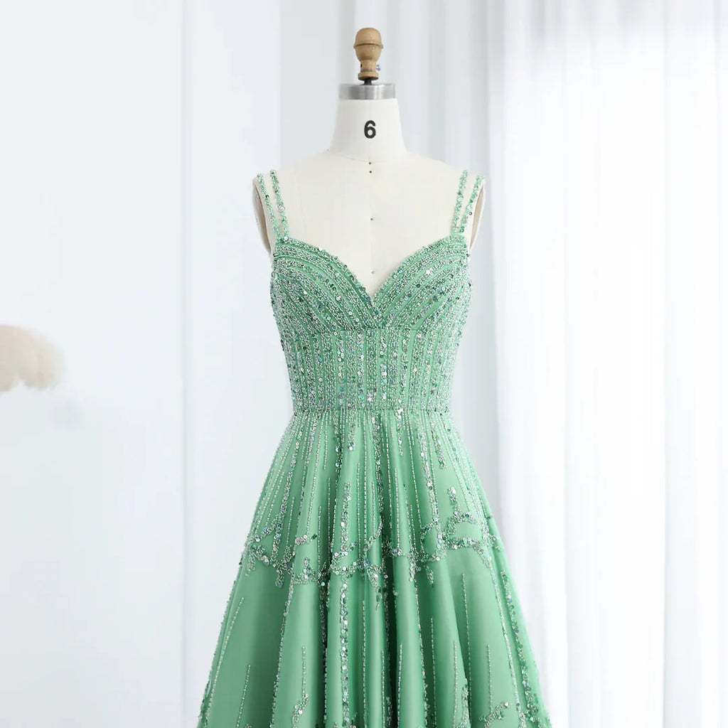 Luxury Dubai Style Green Beaded Evening Gown with Spaghetti Straps YL136