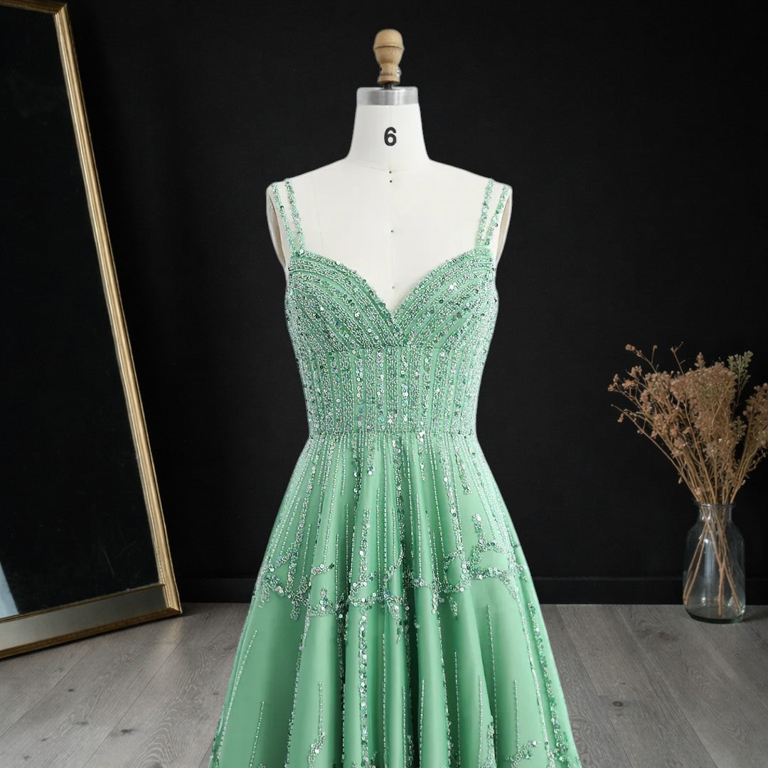 Luxury Dubai Style Green Beaded Evening Gown with Spaghetti Straps YL136