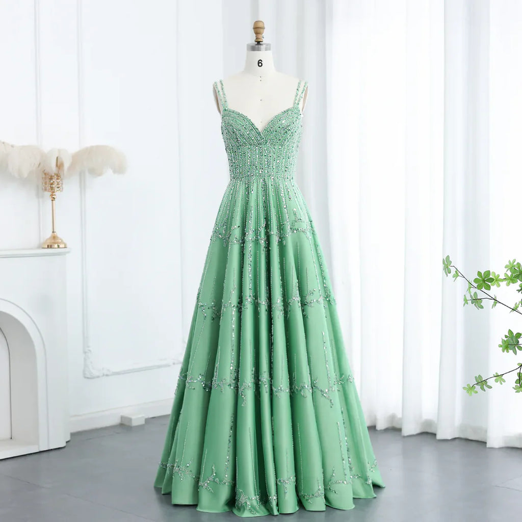 Luxury Dubai Style Green Beaded Evening Gown with Spaghetti Straps YL136