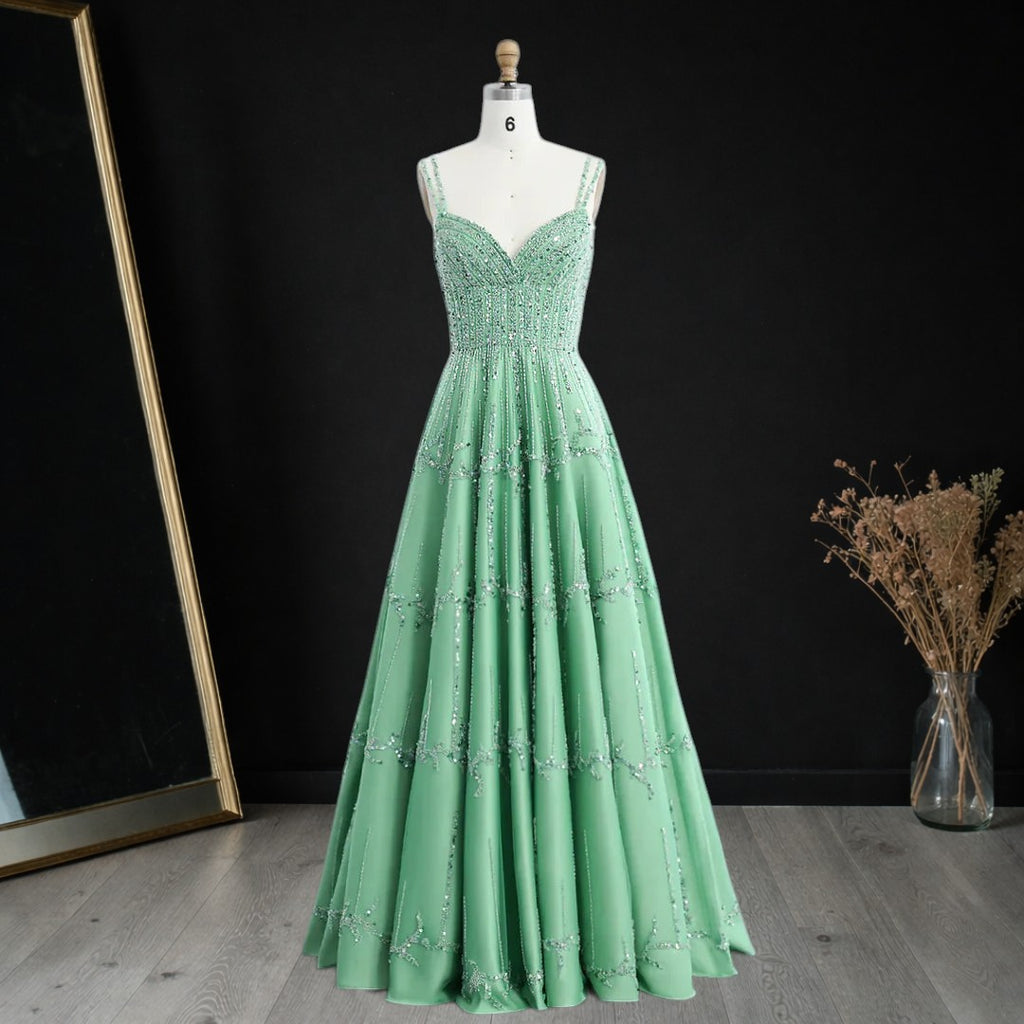 Luxury Dubai Style Green Beaded Evening Gown with Spaghetti Straps YL136