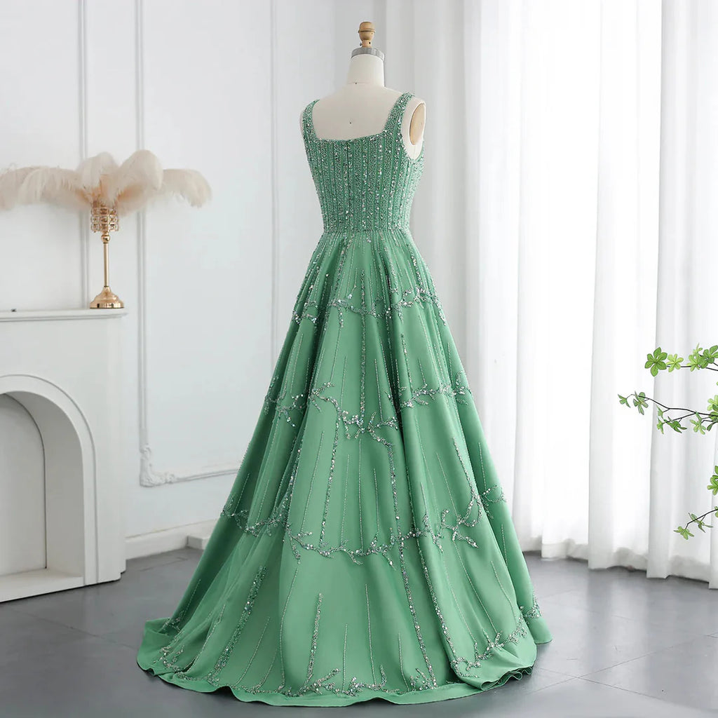Luxury Dubai Style Green Beaded Evening Gown with Spaghetti Straps YL136