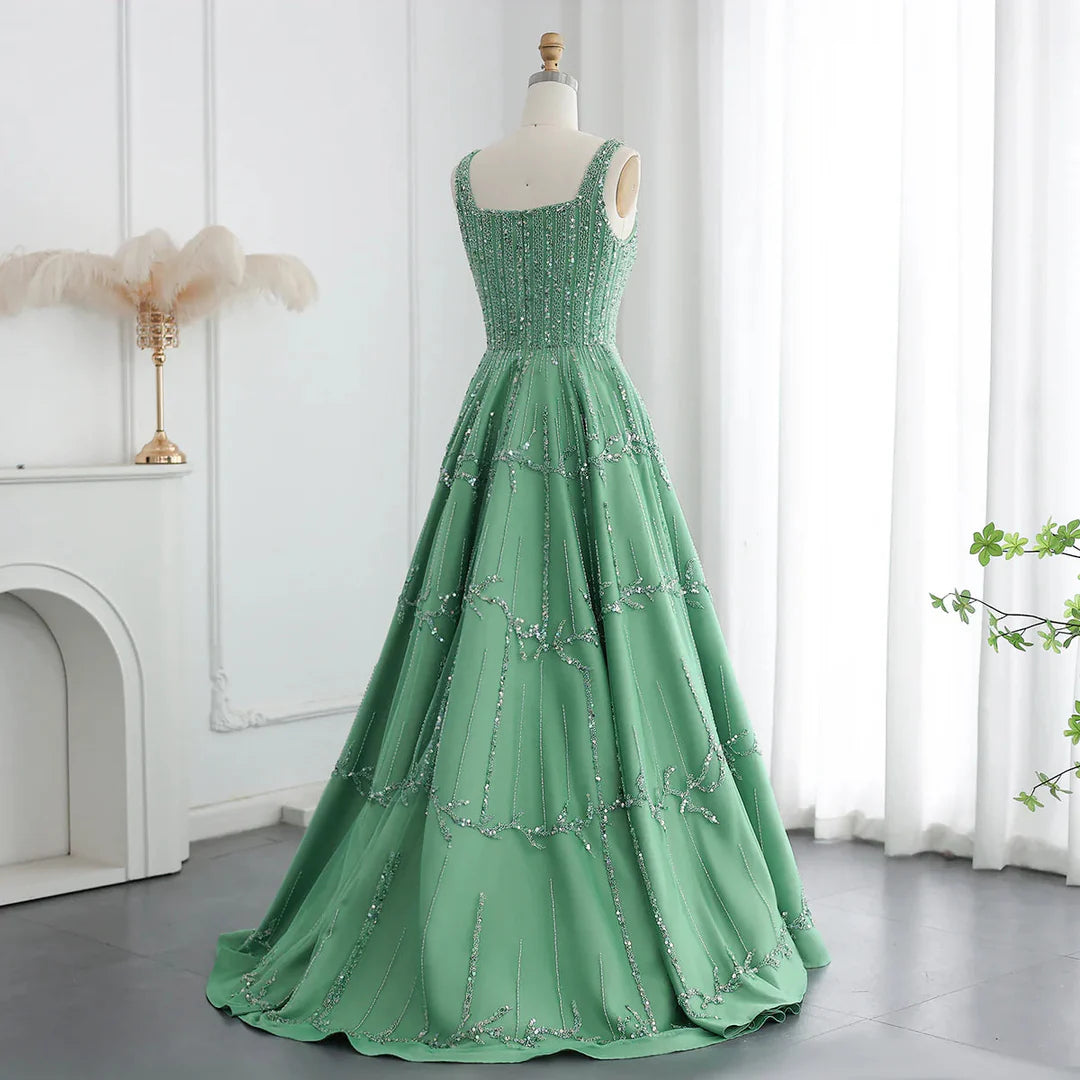 Luxury Dubai Style Green Beaded Evening Gown with Spaghetti Straps YL136