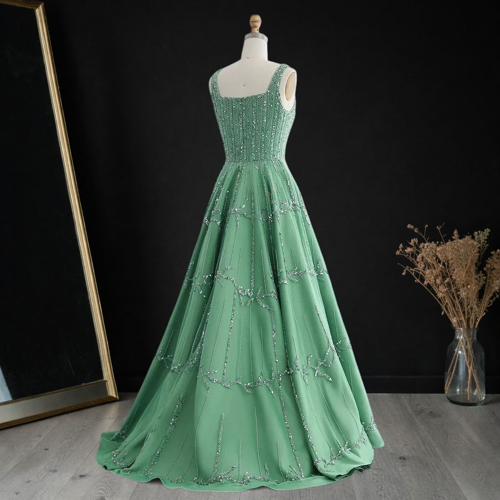 Luxury Dubai Style Green Beaded Evening Gown with Spaghetti Straps YL136