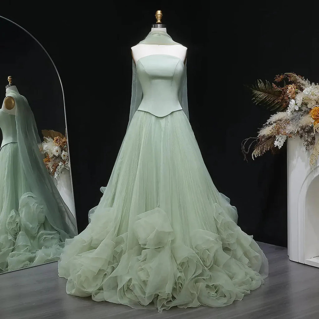 Elegant Green Strapless 3D Flower Evening Dress for Wedding YL137