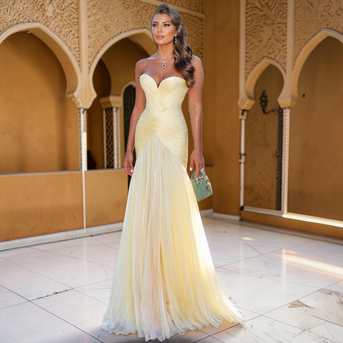 Luxury Light Yellow Sweetheart Pleated Evening Gown YL138