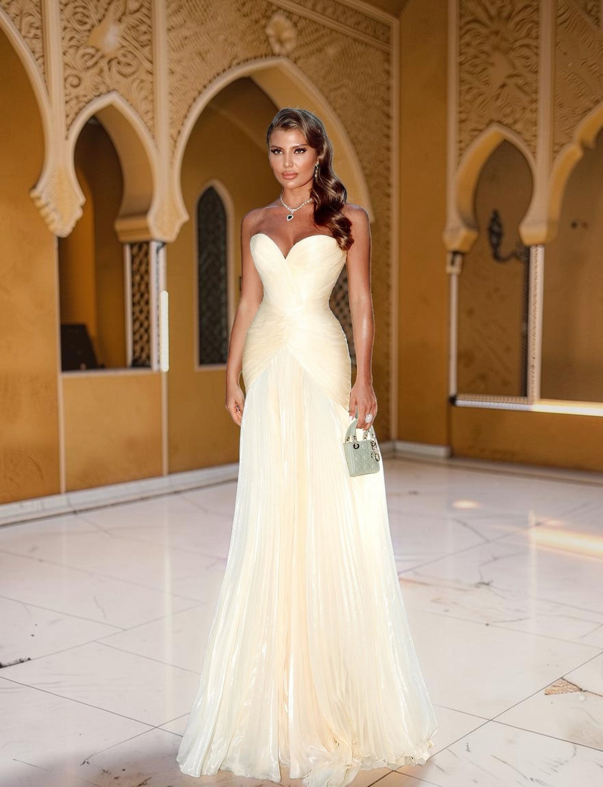 Luxury Light Yellow Sweetheart Pleated Evening Gown YL138