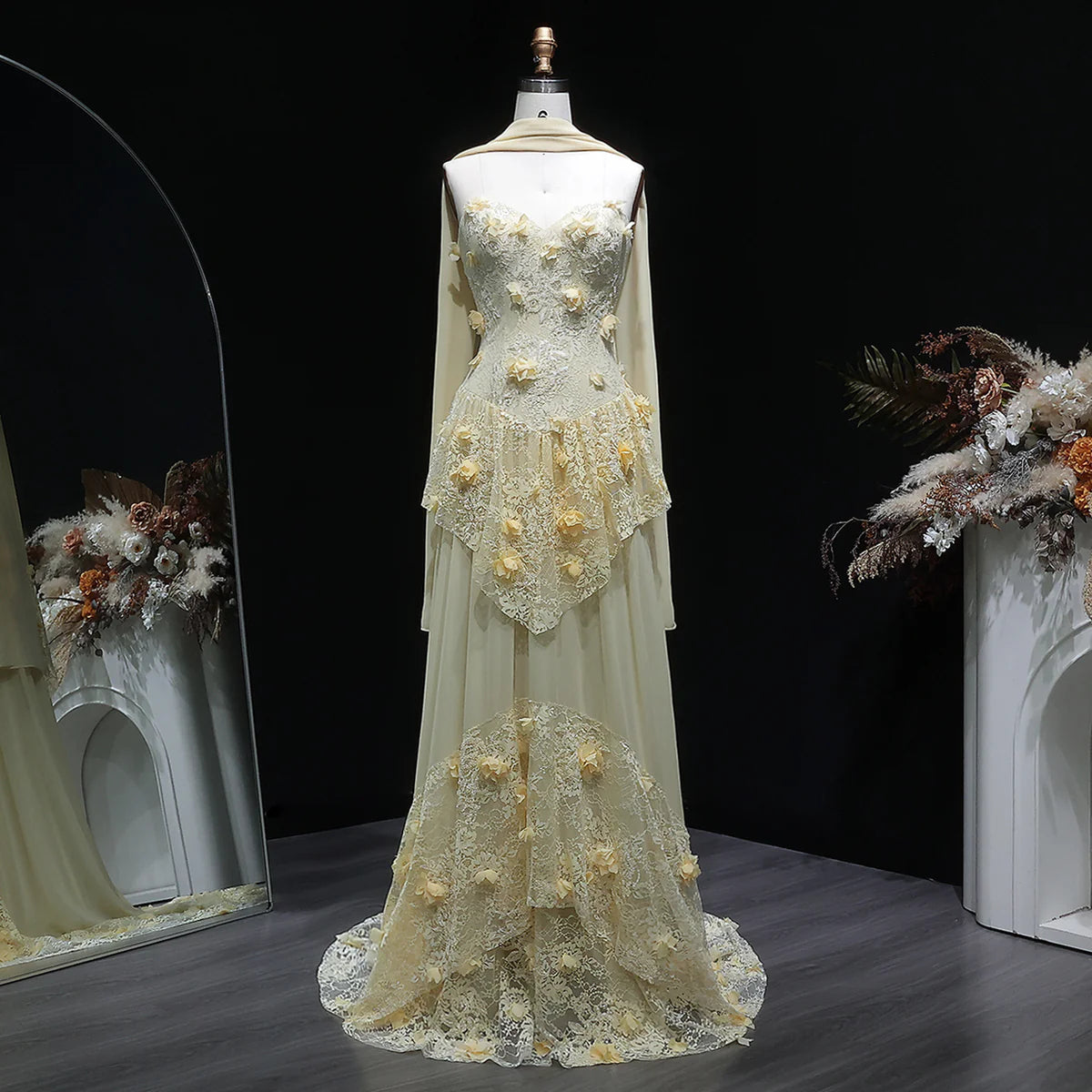 Luxury Light Yellow Strapless Evening Gown with 3D Floral Appliqués YL139