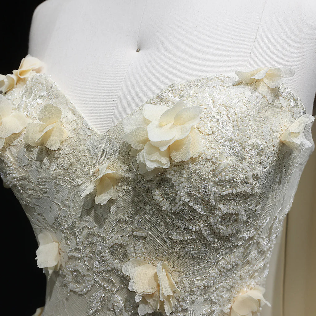 Luxury Light Yellow Strapless Evening Gown with 3D Floral Appliqués YL139