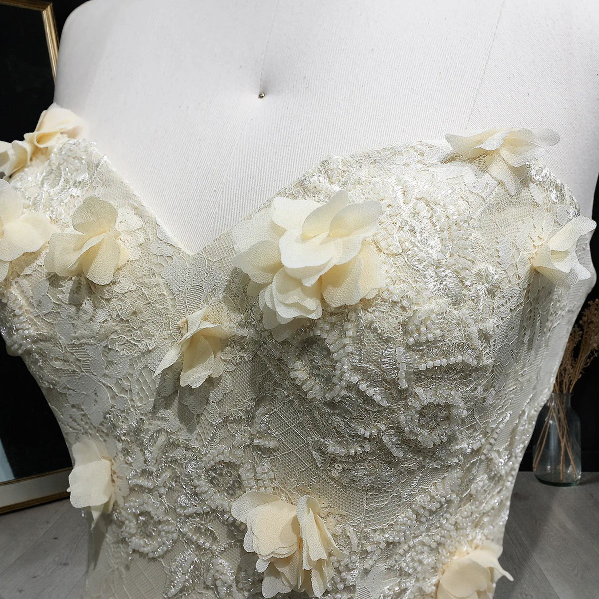 Luxury Light Yellow Strapless Evening Gown with 3D Floral Appliqués YL139