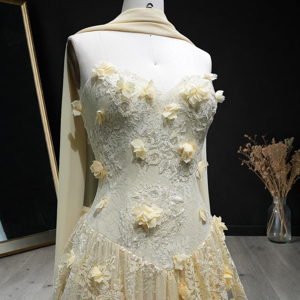 Luxury Light Yellow Strapless Evening Gown with 3D Floral Appliqués YL139