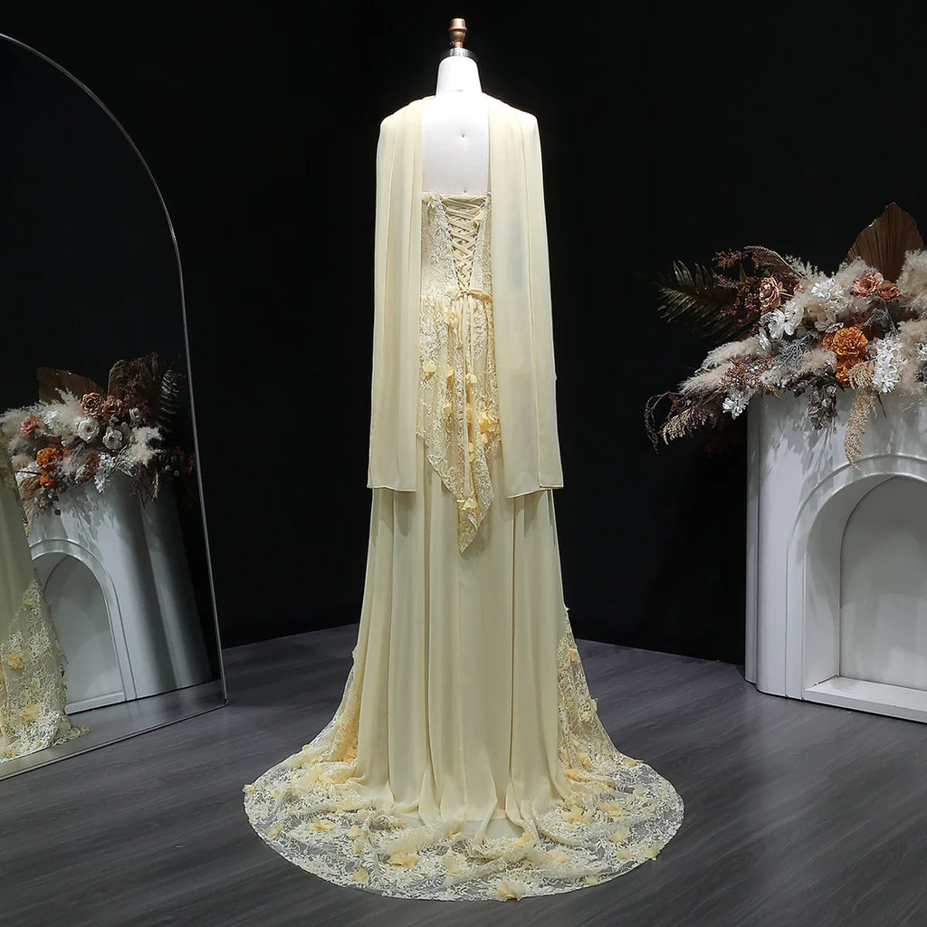 Luxury Light Yellow Strapless Evening Gown with 3D Floral Appliqués YL139