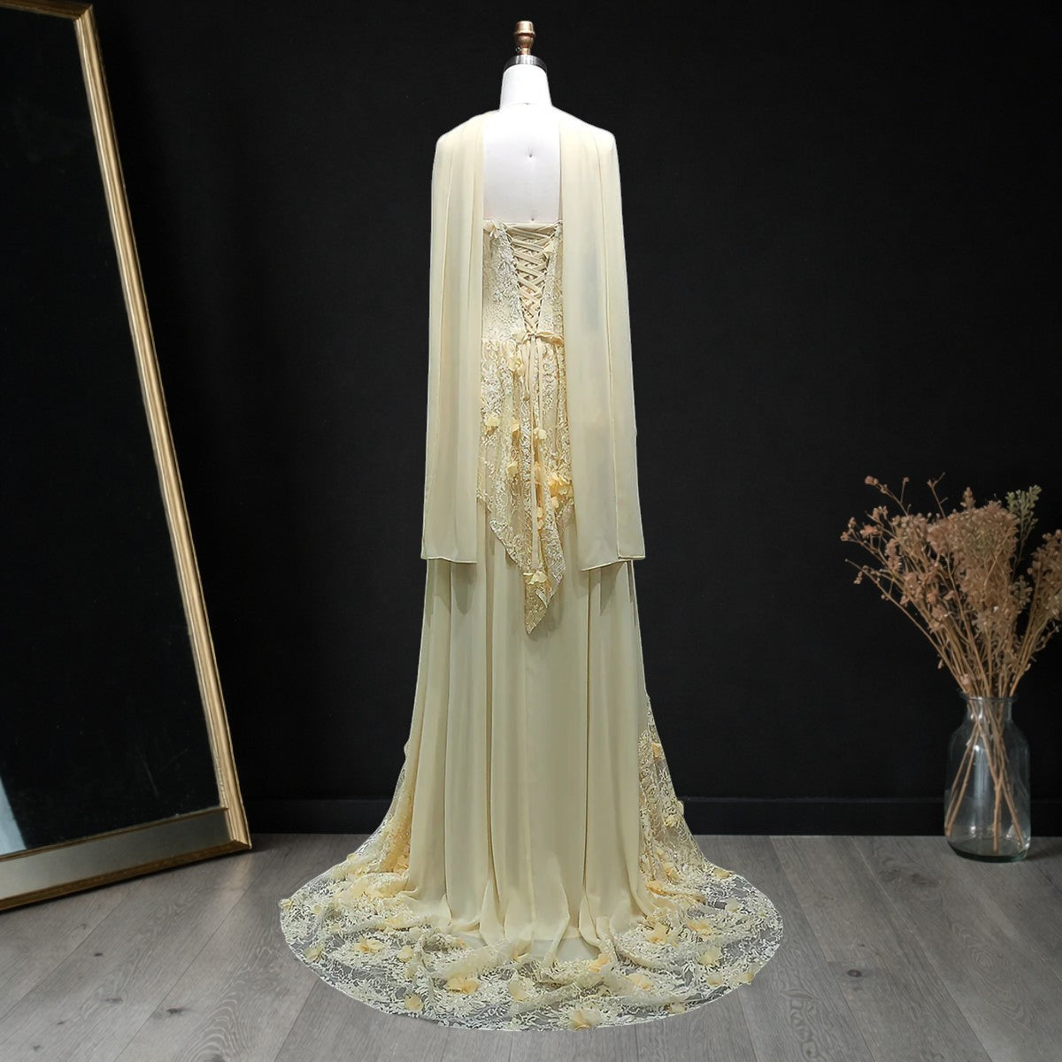 Luxury Light Yellow Strapless Evening Gown with 3D Floral Appliqués YL139