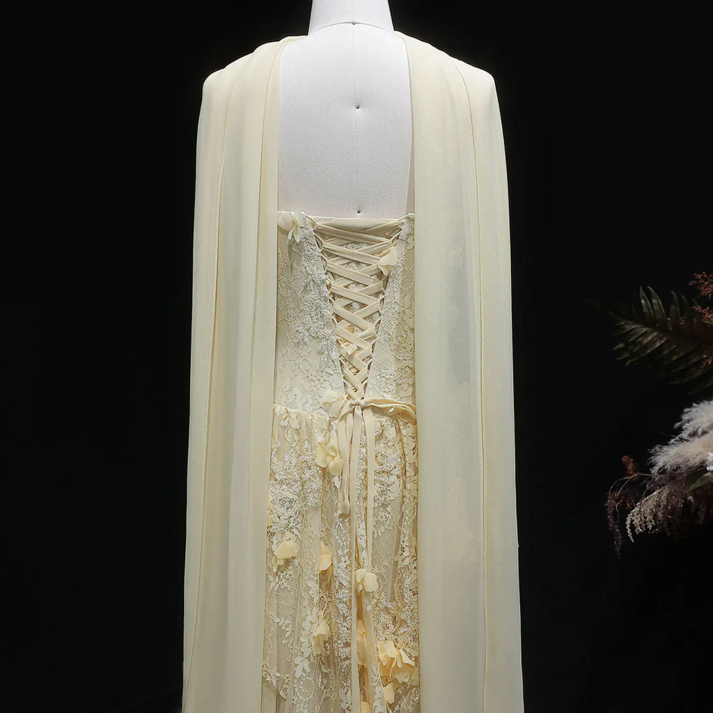 Luxury Light Yellow Strapless Evening Gown with 3D Floral Appliqués YL139