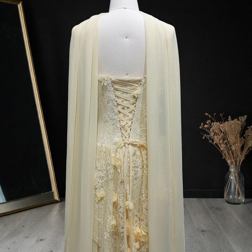 Luxury Light Yellow Strapless Evening Gown with 3D Floral Appliqués YL139