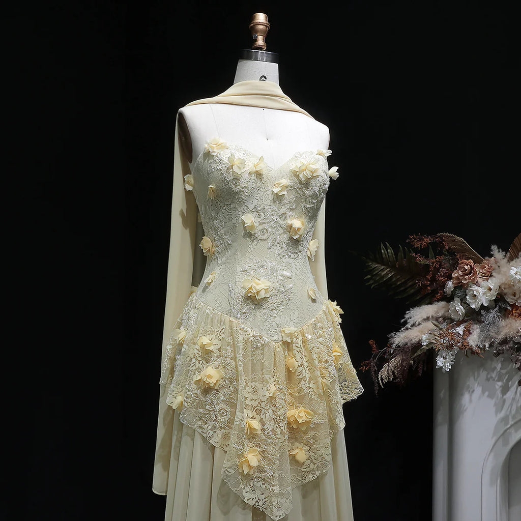 Luxury Light Yellow Strapless Evening Gown with 3D Floral Appliqués YL139