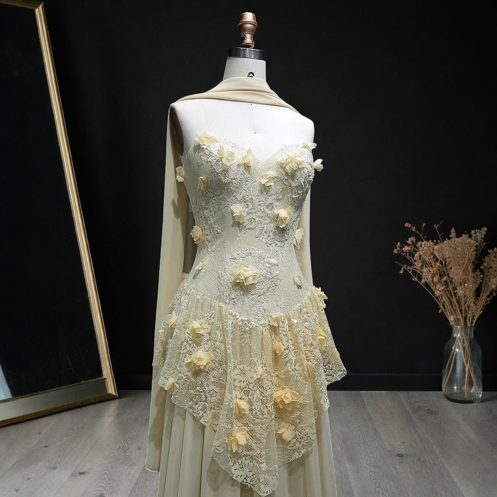 Luxury Light Yellow Strapless Evening Gown with 3D Floral Appliqués YL139