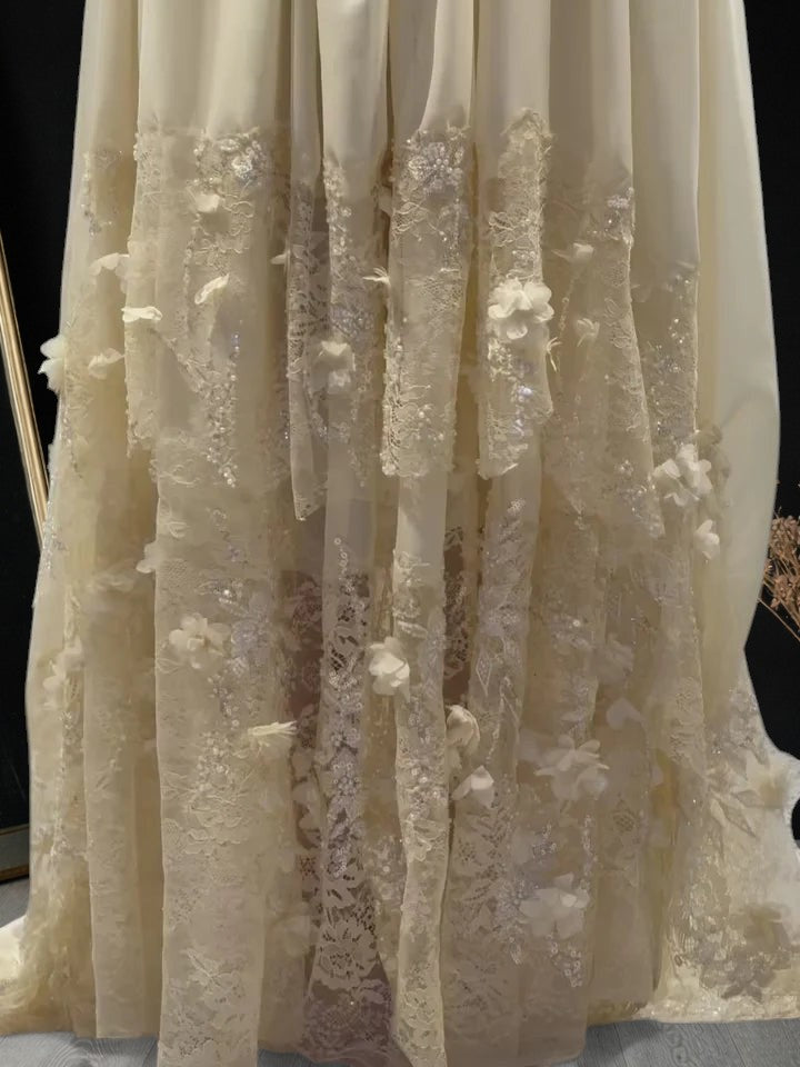 Luxury Light Yellow Strapless Evening Gown with 3D Floral Appliqués YL139