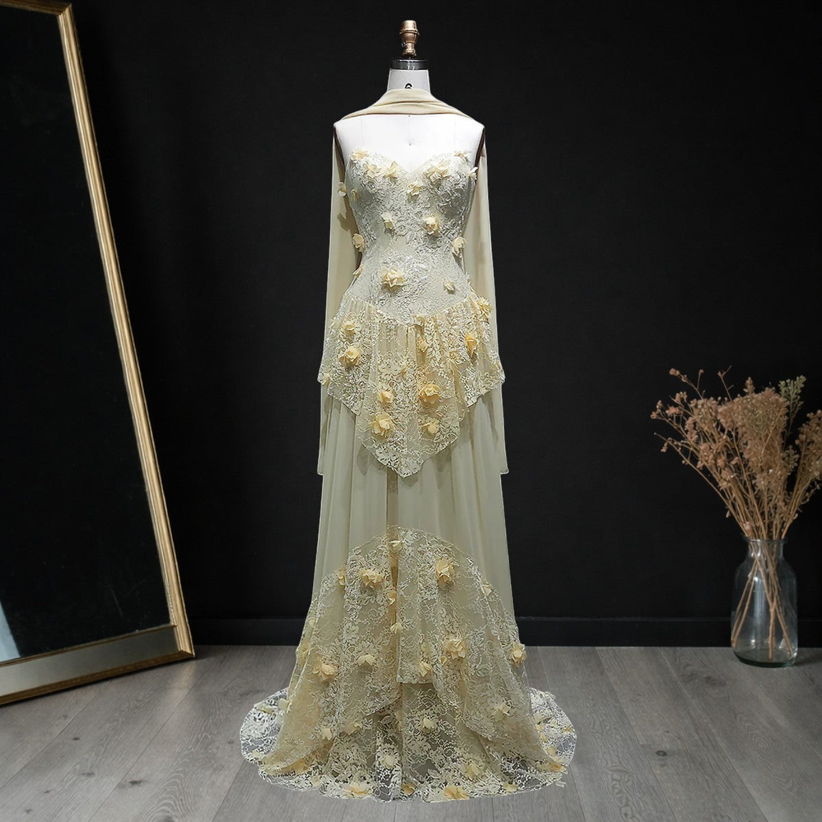 Luxury Light Yellow Strapless Evening Gown with 3D Floral Appliqués YL139