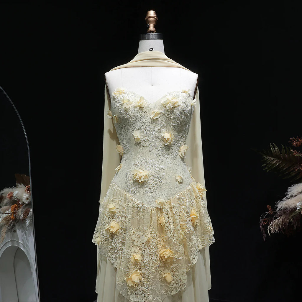 Luxury Light Yellow Strapless Evening Gown with 3D Floral Appliqués YL139
