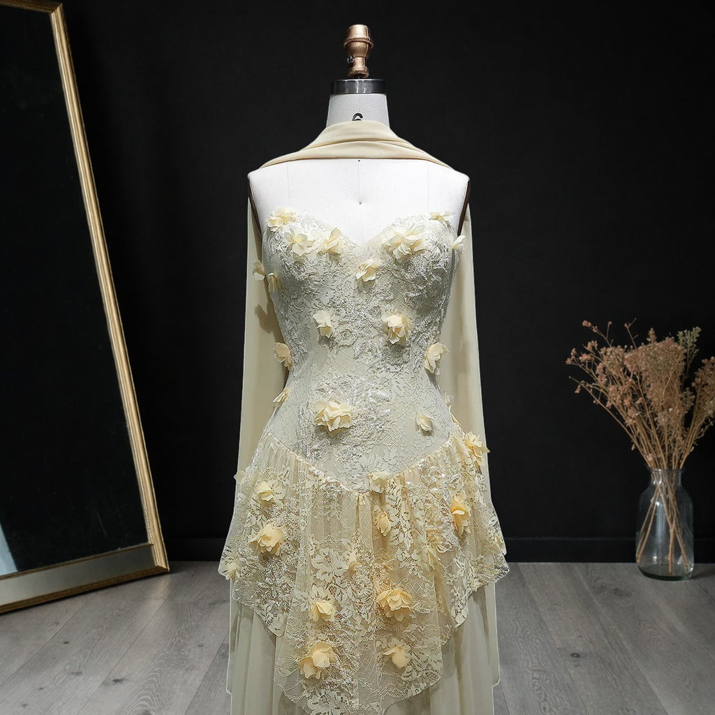 Luxury Light Yellow Strapless Evening Gown with 3D Floral Appliqués YL139