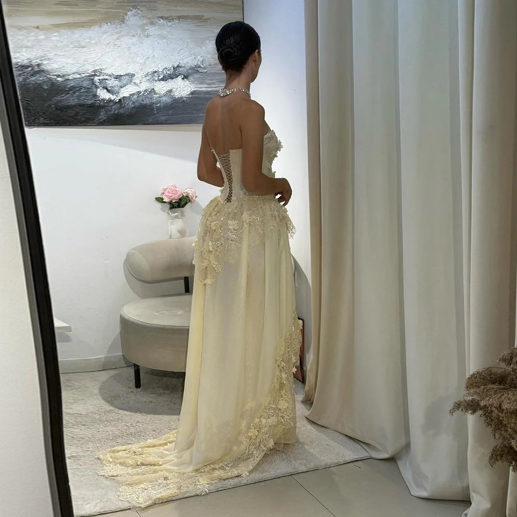 Luxury Light Yellow Strapless Evening Gown with 3D Floral Appliqués YL139