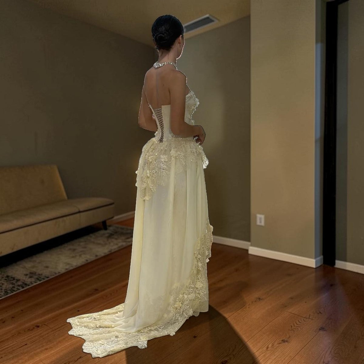 Luxury Light Yellow Strapless Evening Gown with 3D Floral Appliqués YL139