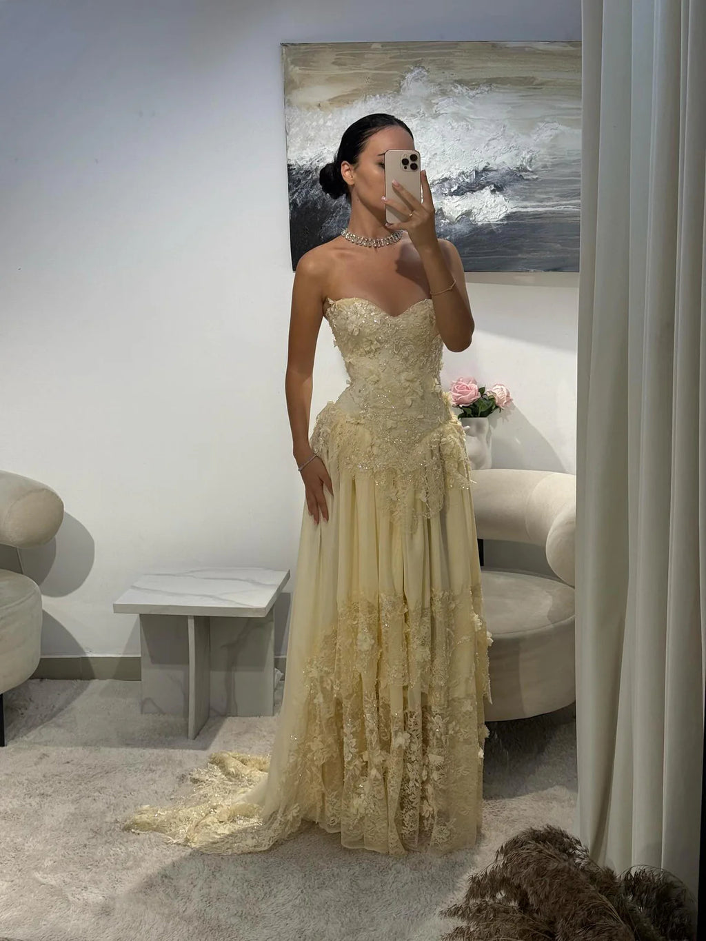 Luxury Light Yellow Strapless Evening Gown with 3D Floral Appliqués YL139