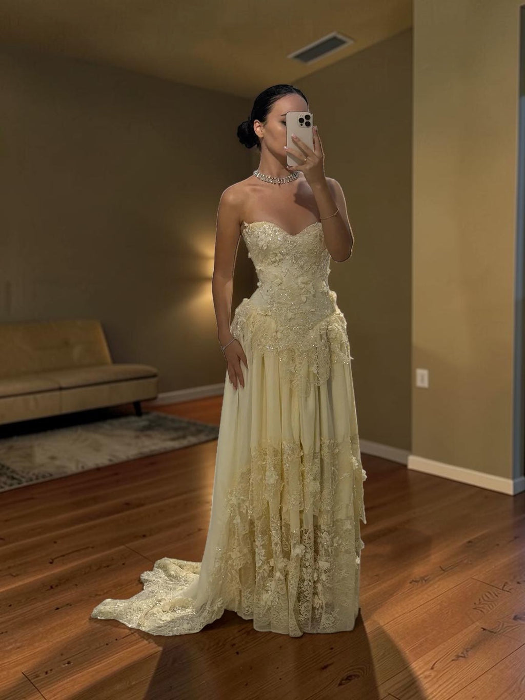 Luxury Light Yellow Strapless Evening Gown with 3D Floral Appliqués YL139