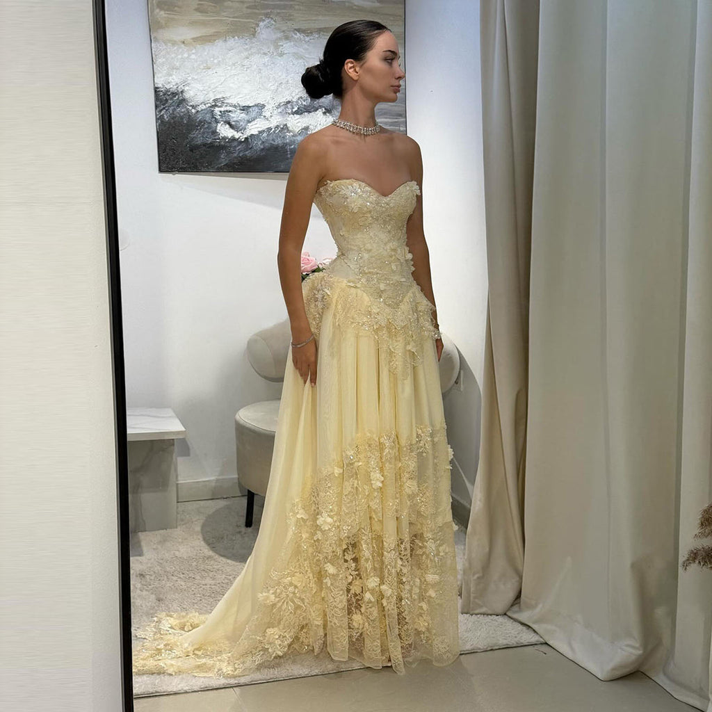Luxury Light Yellow Strapless Evening Gown with 3D Floral Appliqués YL139