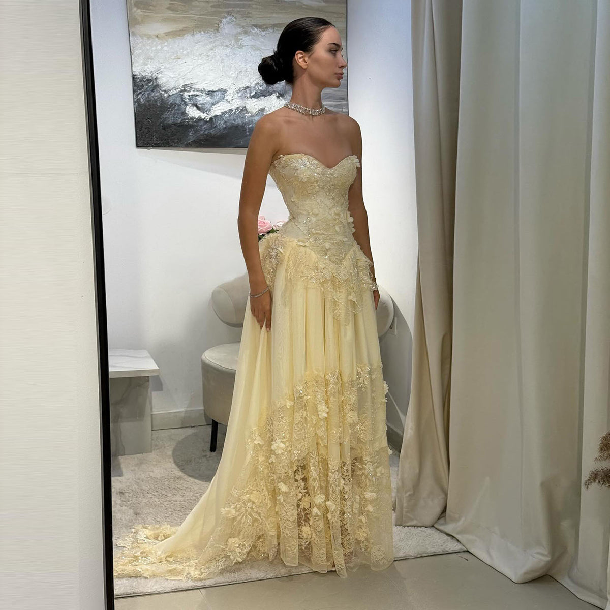 Luxury Light Yellow Strapless Evening Gown with 3D Floral Appliqués YL139