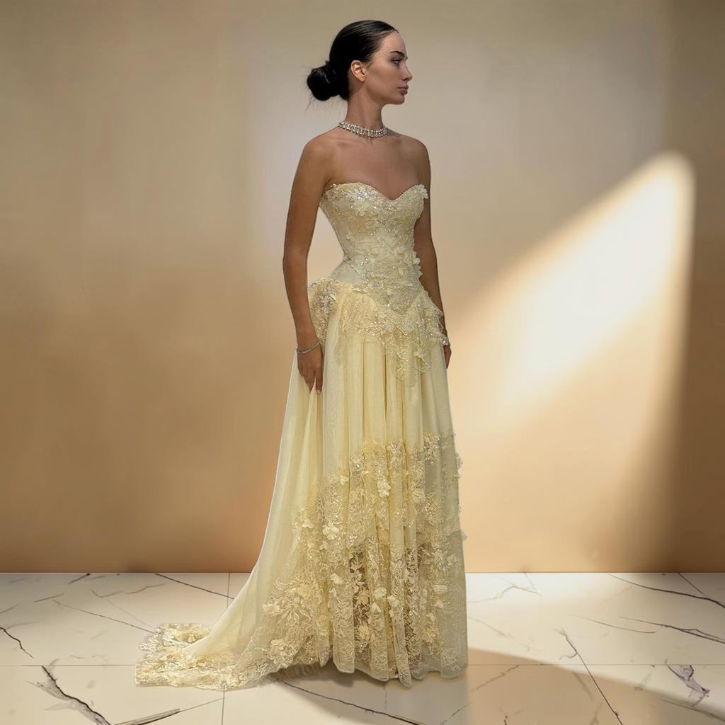 Luxury Light Yellow Strapless Evening Gown with 3D Floral Appliqués YL139