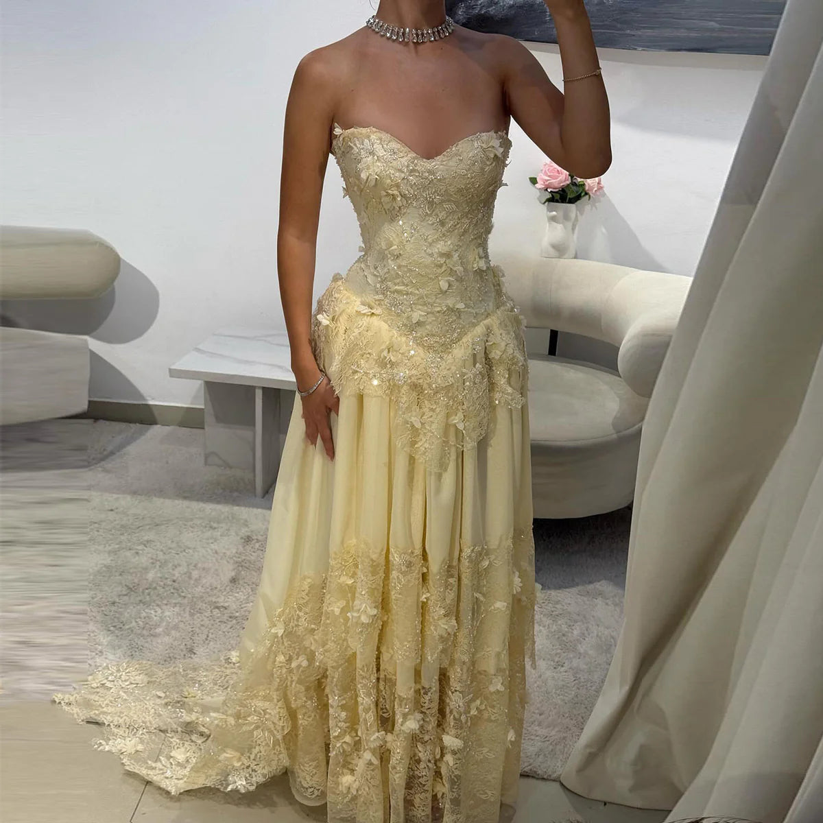 Luxury Light Yellow Strapless Evening Gown with 3D Floral Appliqués YL139