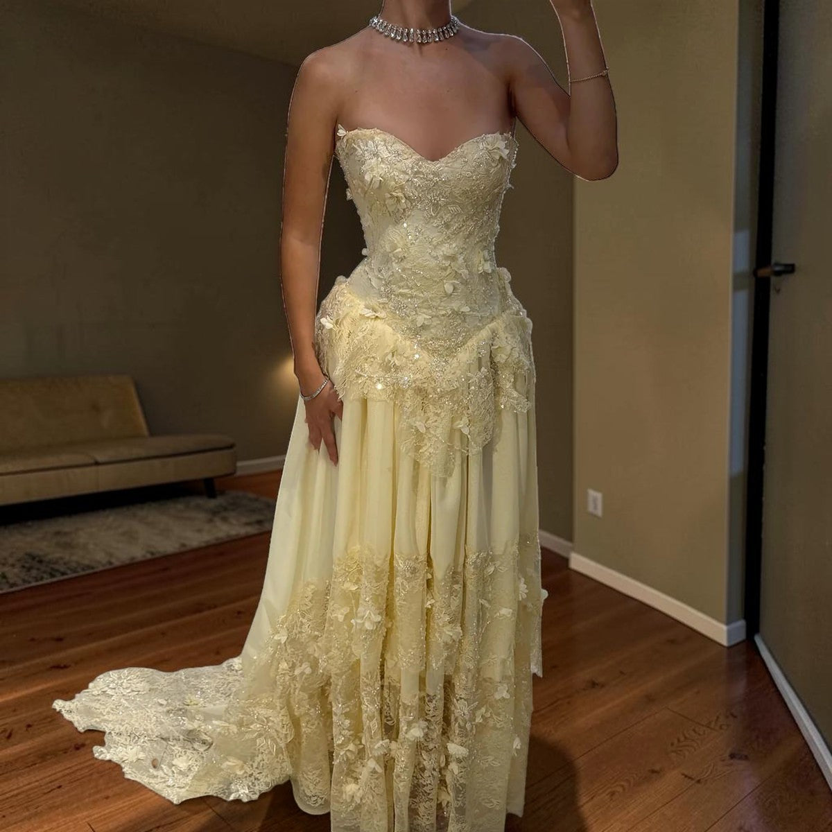 Luxury Light Yellow Strapless Evening Gown with 3D Floral Appliqués YL139