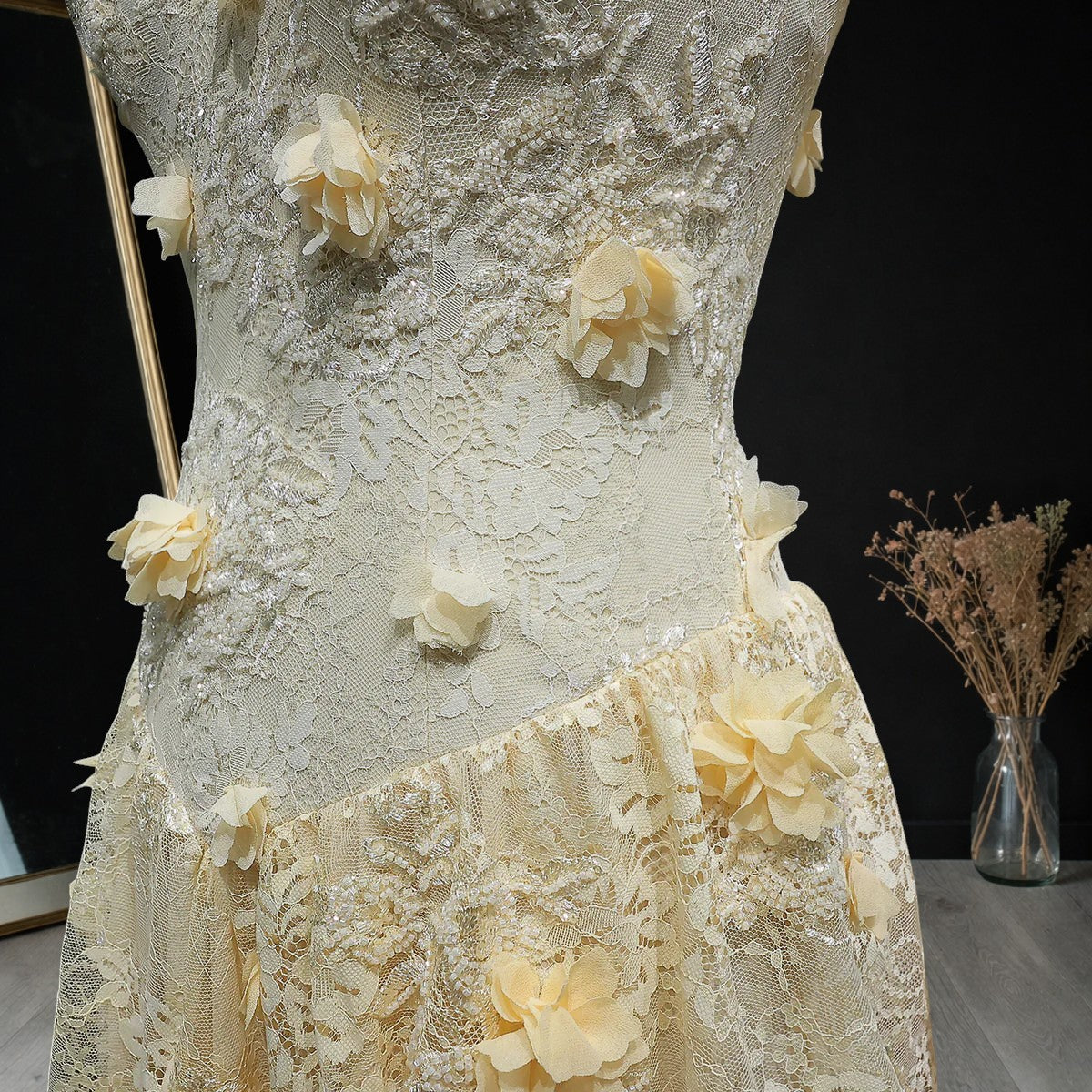 Luxury Light Yellow Strapless Evening Gown with 3D Floral Appliqués YL139