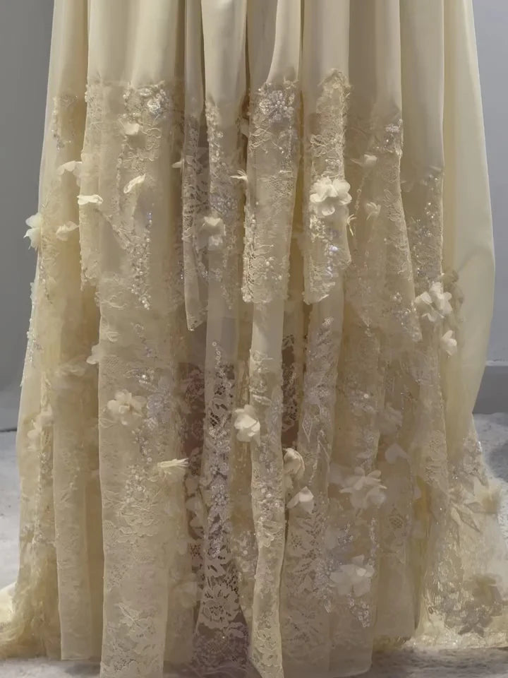 Luxury Light Yellow Strapless Evening Gown with 3D Floral Appliqués YL139