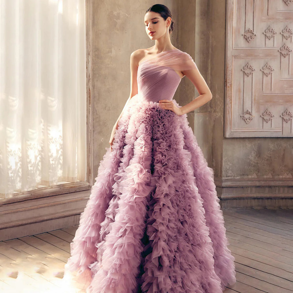 Elegant Rose Pink One-Shoulder Ruffled A-Line Formal Evening Gown YL140
