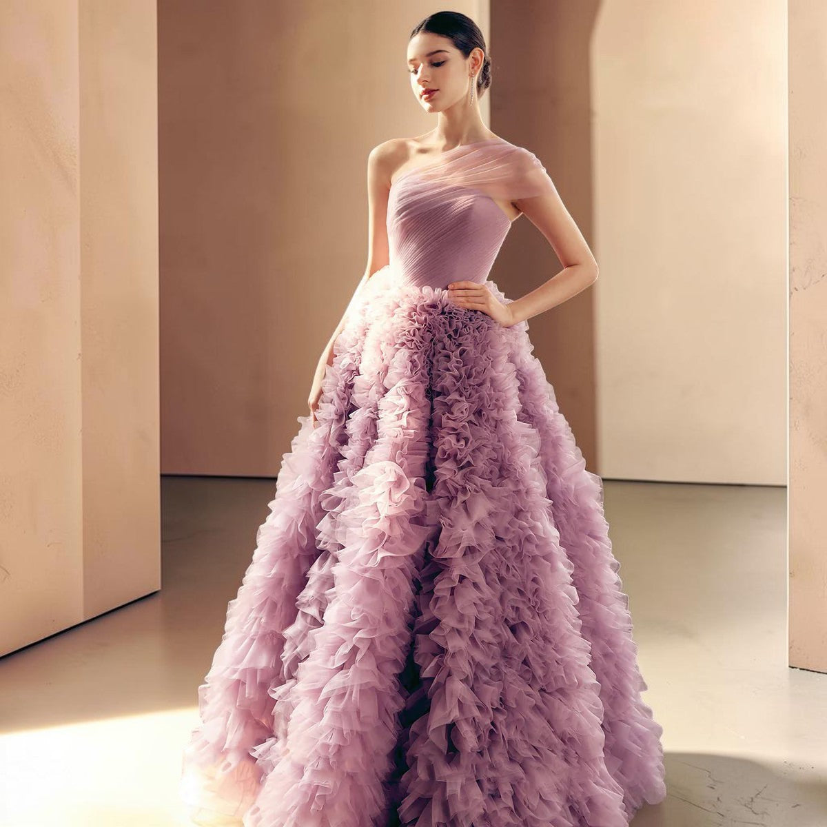 Elegant Rose Pink One-Shoulder Ruffled A-Line Formal Evening Gown YL140