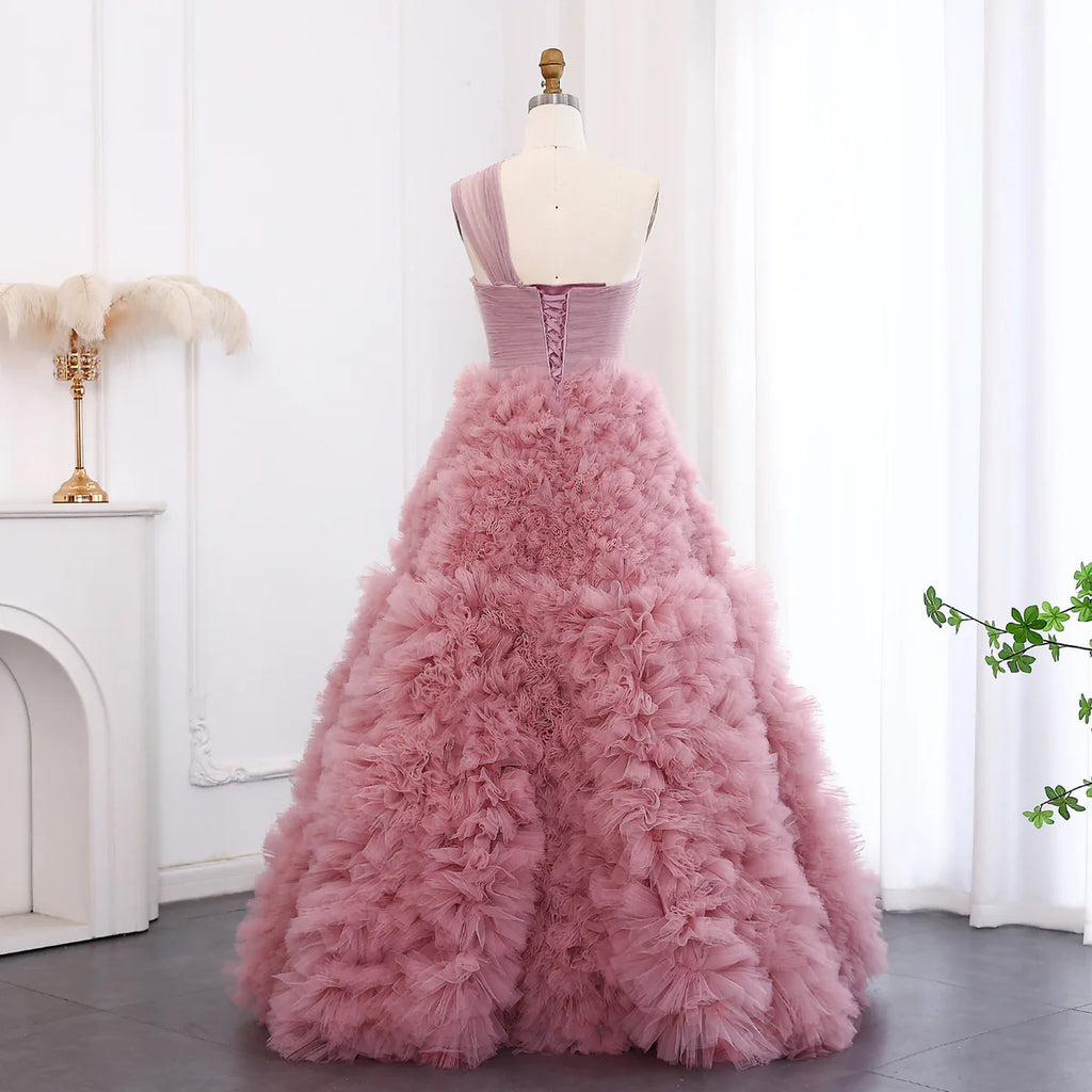 Elegant Rose Pink One-Shoulder Ruffled A-Line Formal Evening Gown YL140